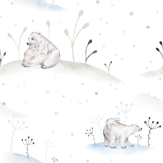Joli motif sans couture avec ours polaire d'hiver aquarelle Mère et son enfant Constellation ours Modèle mignon d'enfants Parfait pour le papier de fond ou les textiles