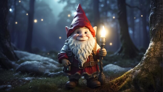 Joli nain de dessin animé avec une lampe de poche dans la forêt