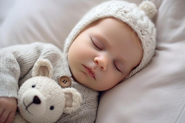 Joli nouveau-né dormant dans un bonnet tricoté sur le lit Nouveau-né dormant sur un lit blanc AI généré