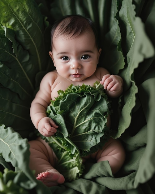 Joli nouveau-né enveloppé de légumes verts