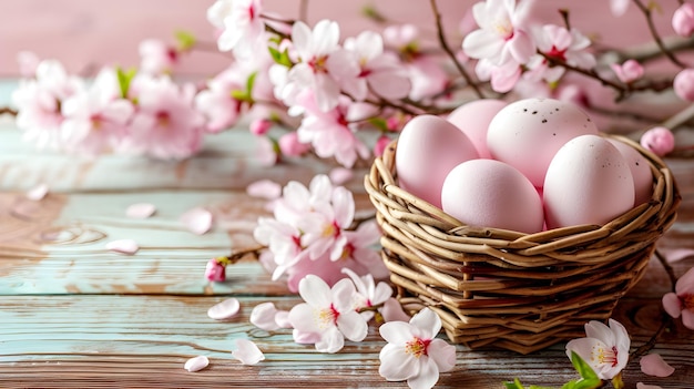 Un joli panier rempli d'œufs de Pâques roses et de fleurs