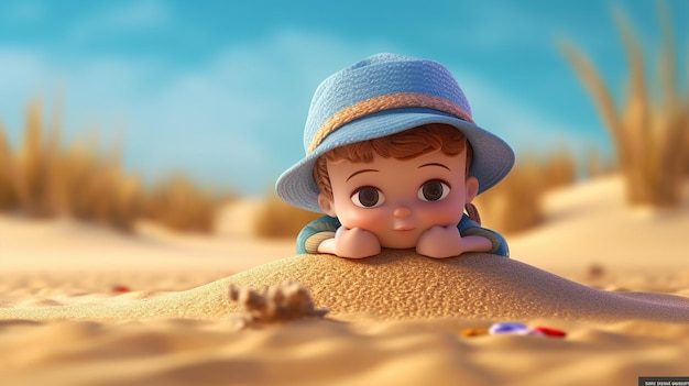 un joli personnage 3d d'une petite fille allongée sur le sable réalisé par l'IA générative