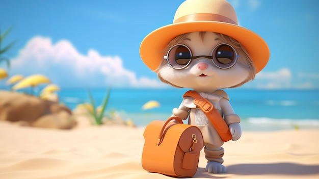 Joli personnage d'animation avec un chapeau et des lunettes de soleil debout sur une plage ensoleillée avec une valise