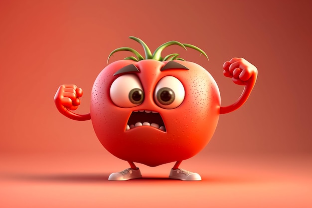 Joli personnage de dessin animé 3D de tomate montrant des muscles