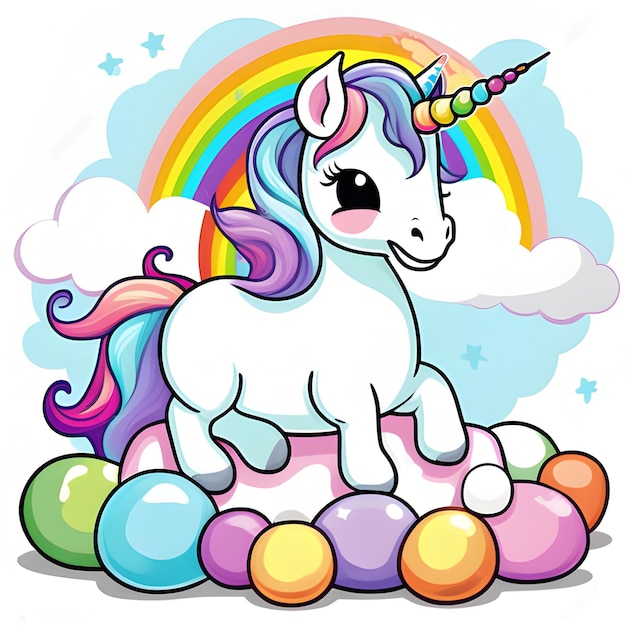 Joli personnage de dessin animé bébé licorne avec la magie de l'arc-en-ciel