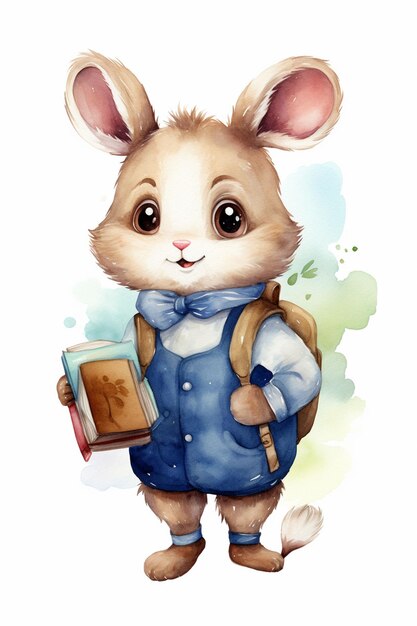 Joli personnage de lapin à l'aquarelle avec un livre