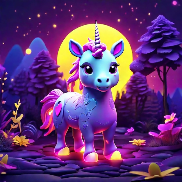 Un joli personnage de licorne se tient dans la nature la nuit généré par l'IA