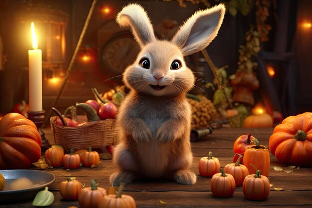 Joli personnage de lièvre ou de lapin à la maison dans la forêt d'automne entouré de citrouilles génératives ai