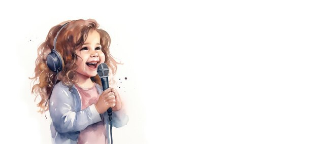 Joli personnage de petite fille d'aquarelle de dessin animé avec un microphone sur fond blanc