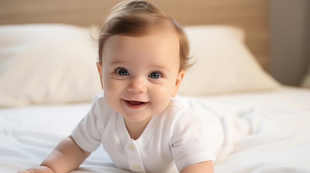 Joli petit bébé assis sur le lit