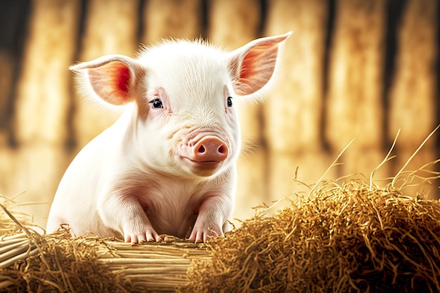 Un joli petit bébé cochon est assis sur du foin à une ferme porcine