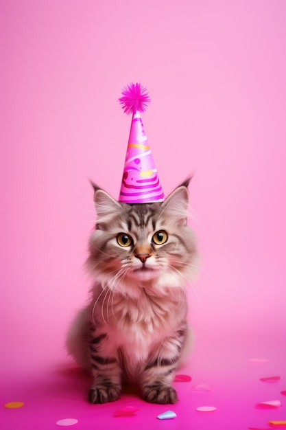 Joli petit chat dans un chapeau d'anniversaire sur fond rose Generative AI