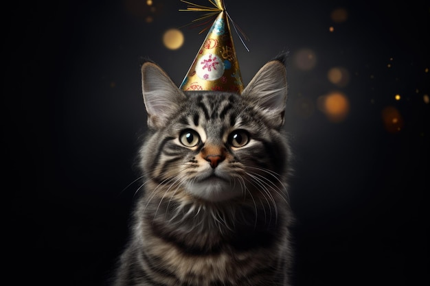 Joli petit chat dans un chapeau d'anniversaire sur fond sombre IA générative