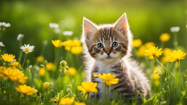 Joli petit chaton assis dans des fleurs de marguerites sur l'herbe