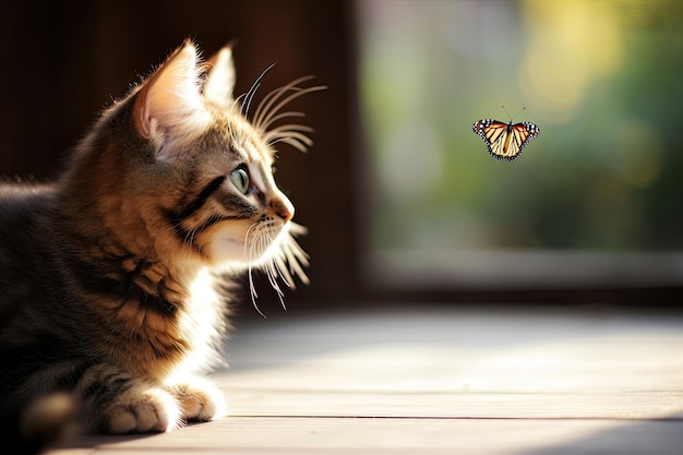 Un joli petit chaton avec un papillon en arrière-plan