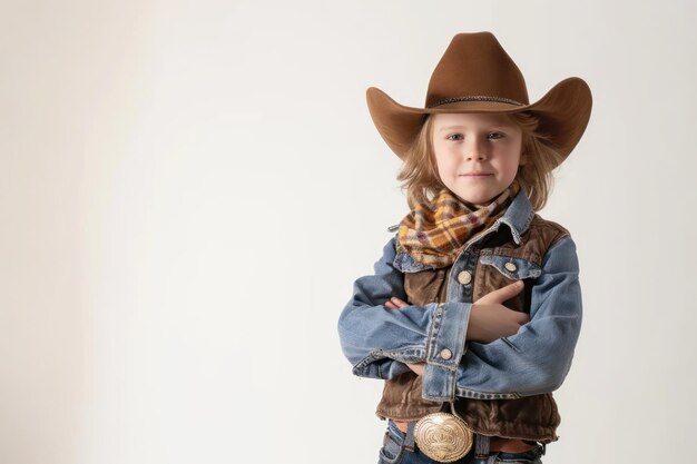 Photo joli petit garçon dans le style cow-boy sur fond blanc jeune cow-girl pose sur fond blanc