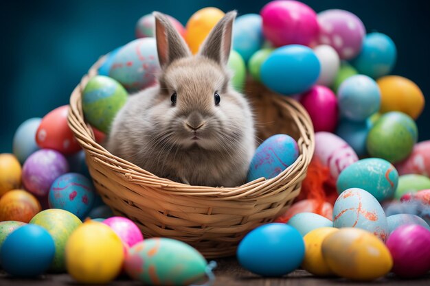 Photo joli petit lapin de pâques assis dans un panier avec beaucoup d'œufs d'esater peints de couleurs variées