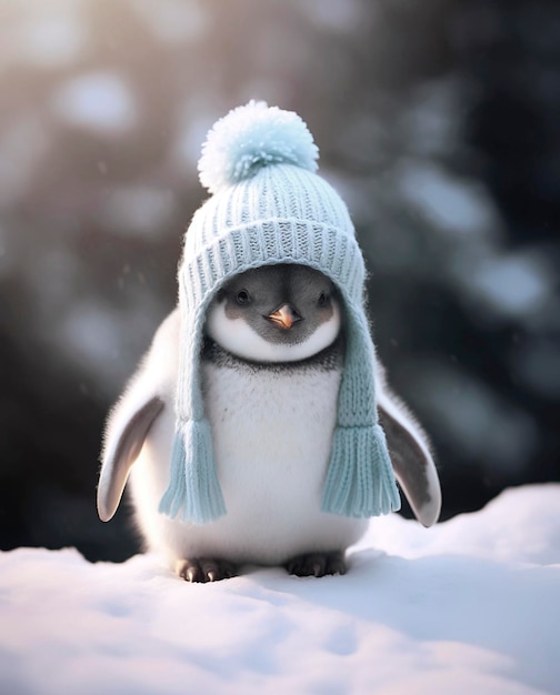 Photo joli petit pingouin dans un chapeau bleu d'hiver sur fond enneigé