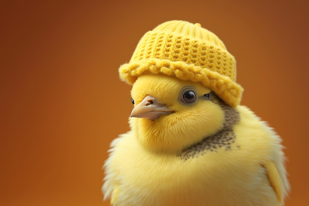 Joli petit poulet dans un bonnet tricoté sur fond jaune Génération AI