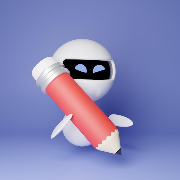 Joli petit robot blanc avec un crayon sur fond bleu illustration rendu en 3D