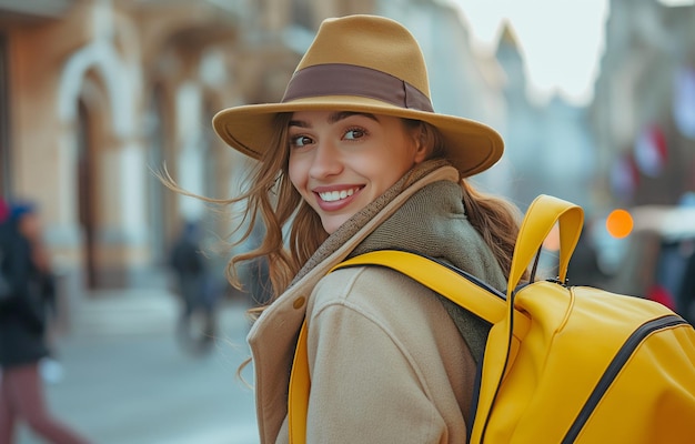 Photo joli piéton joyeux traversant la rue avec une valise jaune