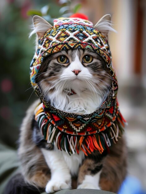 Photo joli portrait de chat dans un foulard et une veste confortables posant avec élégance chat dans un portrait d'animal de studio