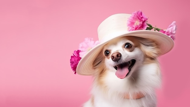 Joli portrait en gros plan d'un chien chihuahua dans un chapeau sur fond rose, espace de copie pour le texte