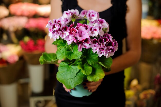 Joli pot bleu avec de jolies fleurs violettes