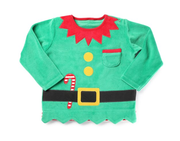 Joli pull elfe sur fond blanc vue de dessus vêtements de bébé de Noël