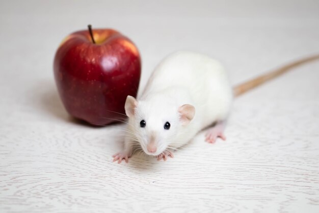 Un joli rat décoratif blanc se trouve à côté d'une pomme rouge juteuse et mûre. Gros plan de rongeurs.