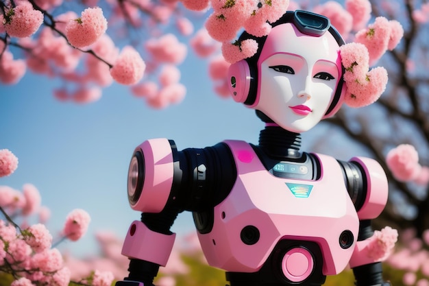 Joli robot androïde rose sur fond de fleurs printanières en fleurs brillantes AI générative