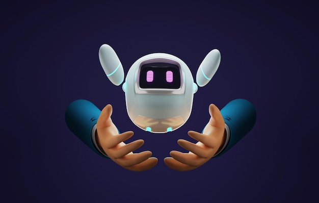 Joli robot sur la main d'un homme d'affaires sur un fond violet