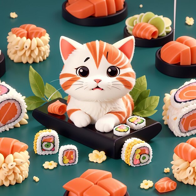 Un joli rouleau de saumon de sushi de chat avec des baguettes de nourriture illustration d'icône vectorielle de dessin animé de nourriture animale isolée plate