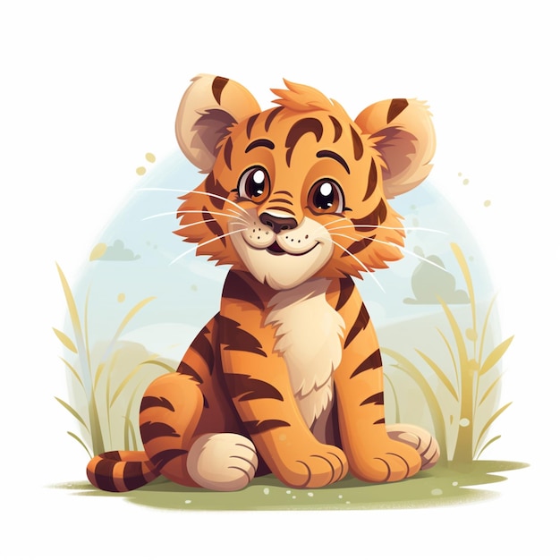un joli tigre assis sur une illustration de style vecteur d'herbe