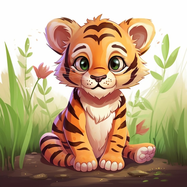 un joli tigre assis sur une illustration de style vecteur d'herbe