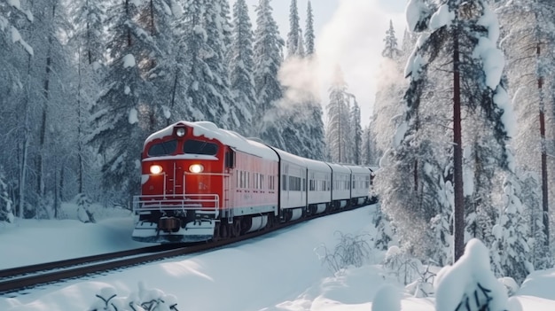 Un joli train de noël traverse une fantastique forêt d'hiver Illustration AI Generative