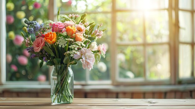 Joli vase de fleurs fraîches sur une surface en bois à l'intérieur avec beaucoup d'espace pour la publicité contre un fond flou IA générative