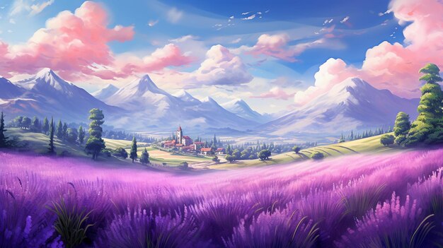 Joli village dans les montagnes sur le fond d'un champ de lavande Des fleurs violettes plantées en rangées