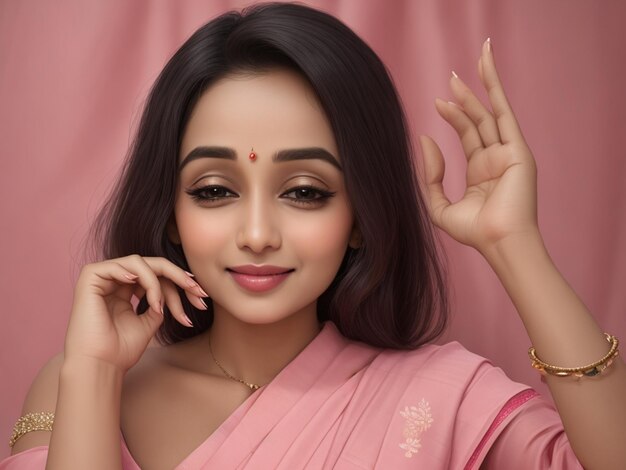 Joli visage de femme clignotant sari de couleur rose