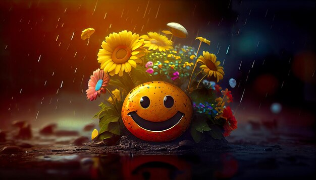 Joli visage heureux sortant d'un beau bouquet de fleurs Bonheur et concept de santé mentale
