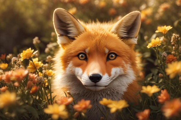 un joli visage de renard avec des fleurs de printemps en gros plan ai génératif