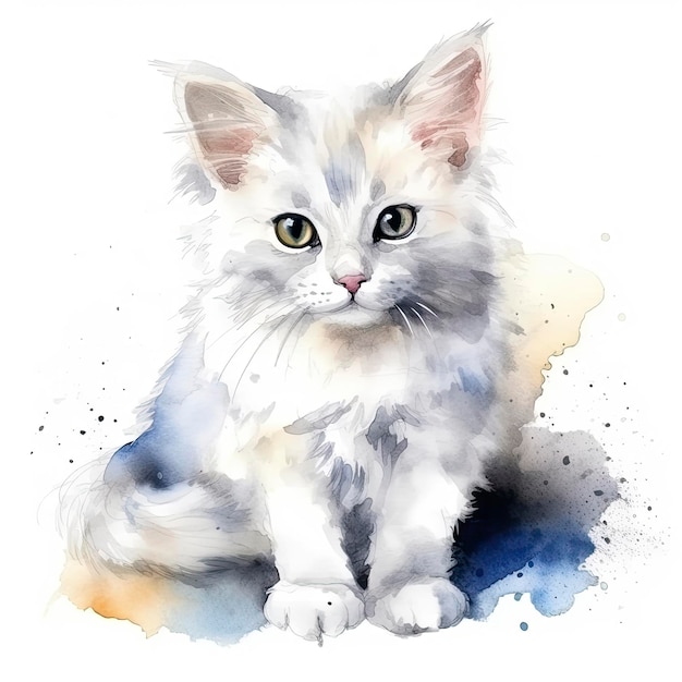 Jolie aquarelle moelleuse d'un chat blanc avec beaucoup d'espace autour de Generate Ai