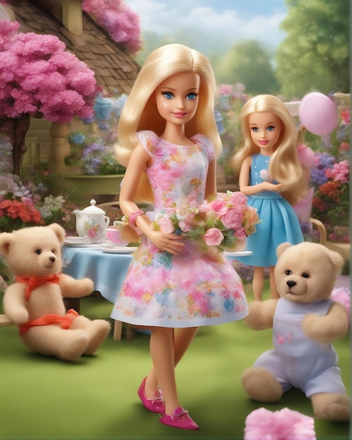 Une jolie Barbie tenant des fleurs et passant du temps avec ses amis