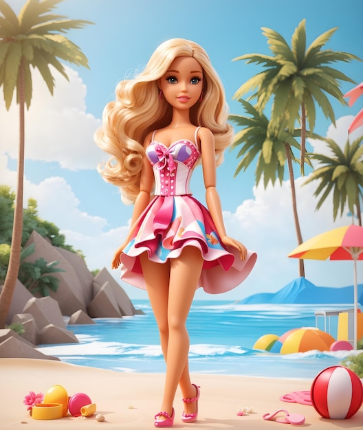 jolie et belle barbie à la mode marchant sur la plage