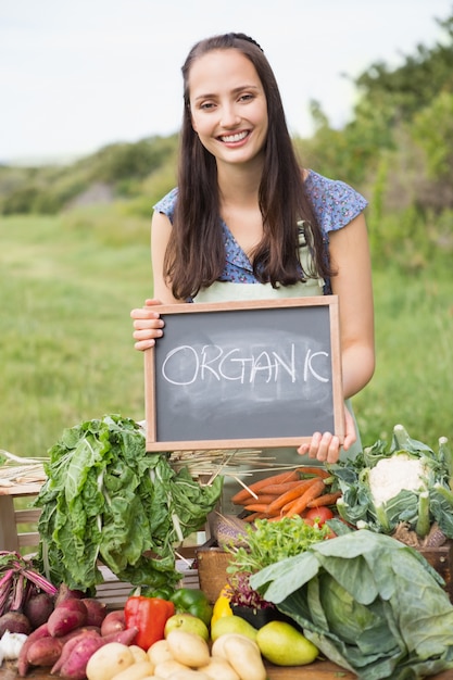 Photo jolie brune vendant des légumes biologiques