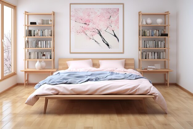 Photo une jolie chambre avec un grand lit bas dans des couleurs pastel cerise