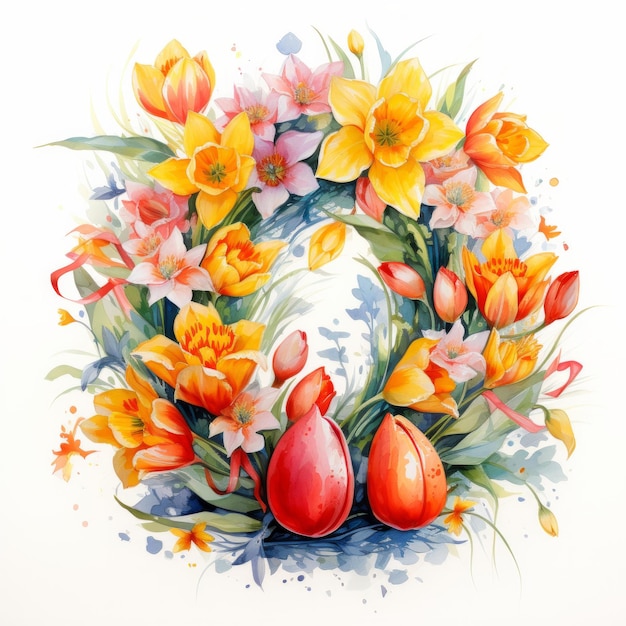 Une jolie couronne d'aquarelle de tulipes et de narcises entourant un œuf de Pâques sur un fond blanc