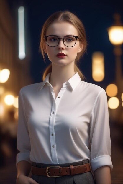 Une jolie dame européenne en chemise, en pantalon et en lunettes sur un fond de nuit