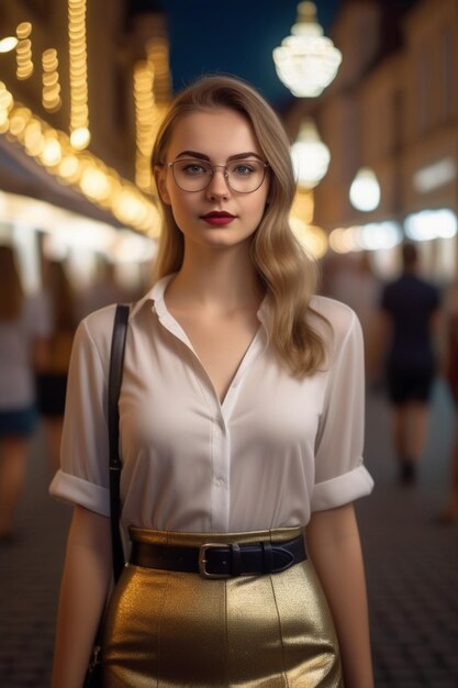 Photo une jolie dame européenne en vêtements de mode et des lunettes se tient dans la rue la nuit