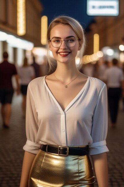 Photo une jolie dame européenne en vêtements de mode et des lunettes se tient dans la rue la nuit